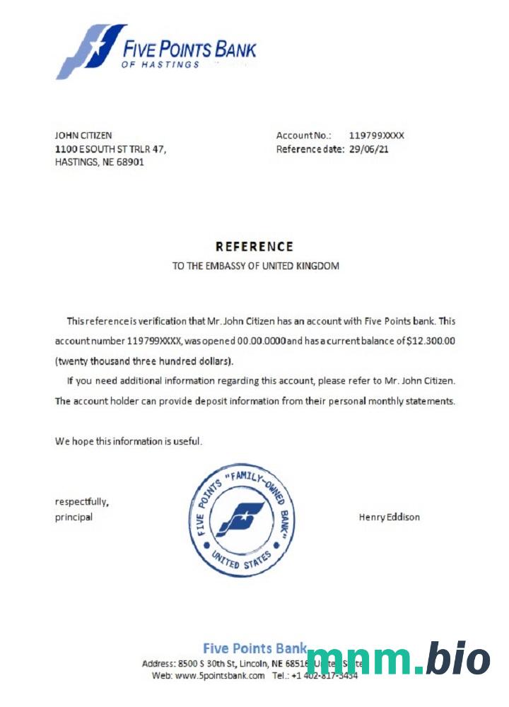 Przykład referencyjny banku USA Five Points w formatach Word i PDF